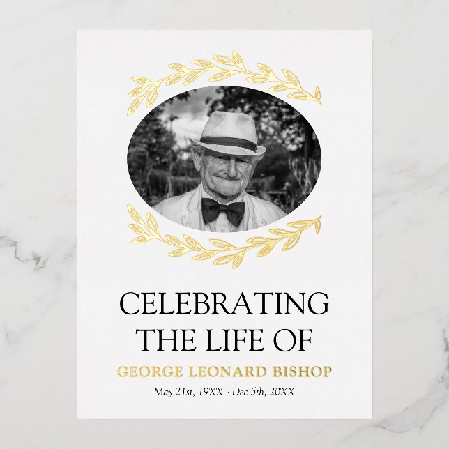 Carte Postale D'invitation À Feuilles D'aluminium Cadre vert Ovale Photo Funérailles Or (Recto)