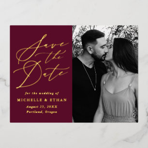 Carte Postale D'invitation À Feuilles D'aluminium Calligraphie minimaliste Enregistrer la date