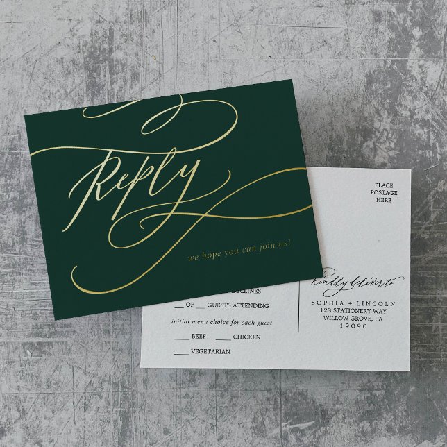 Carte Postale D'invitation À Feuilles D'aluminium Calligraphie romantique Emerald Gold Foil Repas RS (Romantic Calligraphy Emerald Gold Foil Meal RSVP Foil Invitation Postcard)