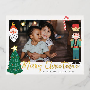 Carte Postale D'invitation À Feuilles D'aluminium Casse-noisette doré de Noël Santa Famille mignonne