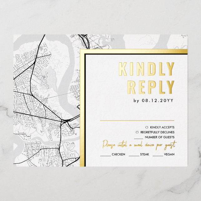 Carte Postale D'invitation À Feuilles D'aluminium Charleston Love Locator | Réponse RSVP (Recto)