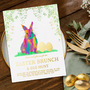 Carte Postale D'invitation À Feuilles D'aluminium Chasse aux œufs du lapin de Pâques et brunch rose