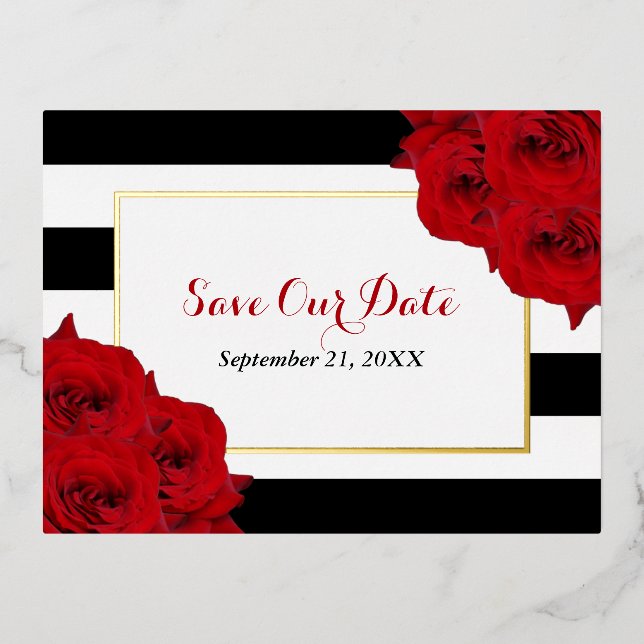 Carte Postale D'invitation À Feuilles D'aluminium Chic Moderne Luxe Mariage Collection - Roses rouge (Recto)