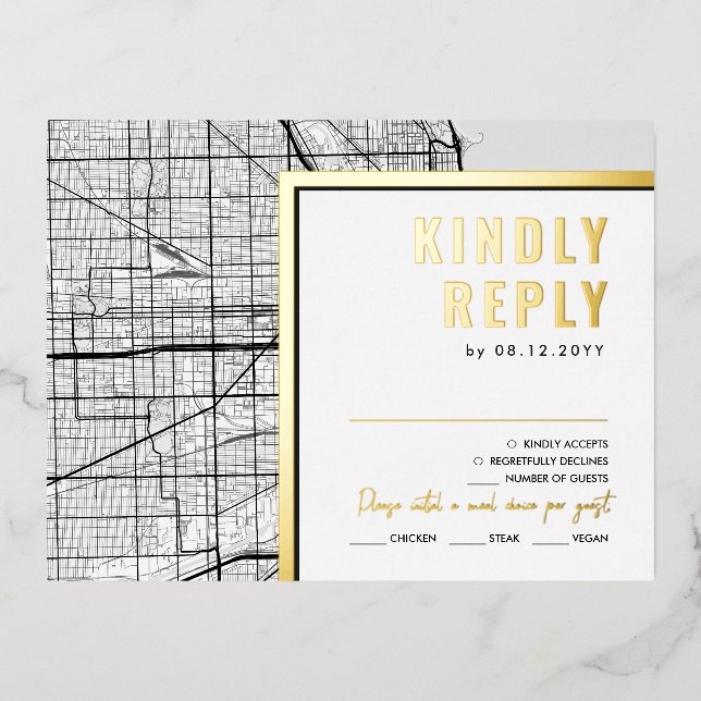 Carte Postale D'invitation À Feuilles D'aluminium Chicago Love Locator | Réponse RSVP (Recto)