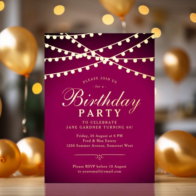Carte Postale D'invitation À Feuilles D'aluminium Classy Elegant String Lights 60e anniversaire fête (60th birthday party invitation with pink background, gold foil string lights and elegant look.)