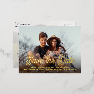 Carte Postale D'invitation À Feuilles D'aluminium Code QR Retro Script 2 Photo Wedding Enregistrer l