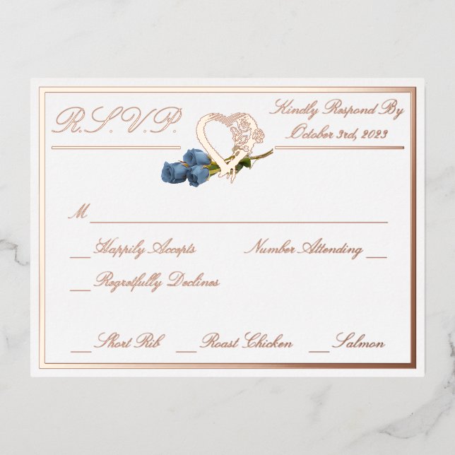 Carte Postale D'invitation À Feuilles D'aluminium Coeur & Rose, Mariage blanc RSVP Rose Gold Full (Recto)
