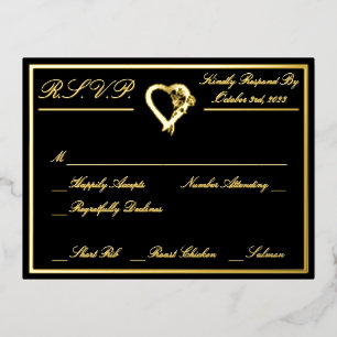 Carte Postale D'invitation À Feuilles D'aluminium Coeur & Rose, Mariage noir formel RSVP Gold Full