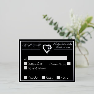 Carte Postale D'invitation À Feuilles D'aluminium Coeur & Rose, Noir Mariage RSVP Argent