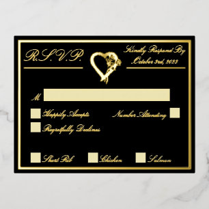 Carte Postale D'invitation À Feuilles D'aluminium Coeur & Rose, Noir Mariage RSVP Gold