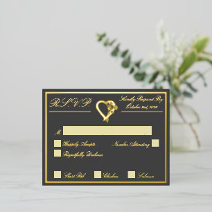 Carte Postale D'invitation À Feuilles D'aluminium Cœur & Roses, RSVP de mariage gris Or
