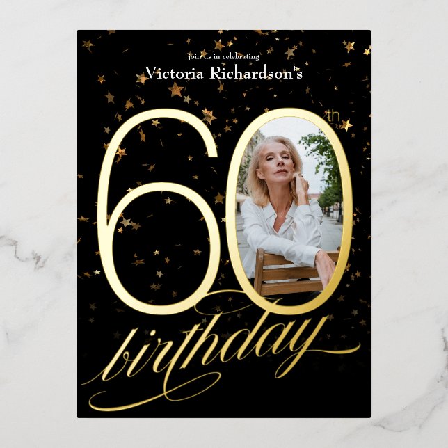 Carte Postale D'invitation À Feuilles D'aluminium Confetti Photo personnalisée Gold Black 60e annive (Recto)