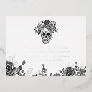 Carte Postale D'invitation À Feuilles D'aluminium Crâne et Roses Enregistrer la date de l'annonce