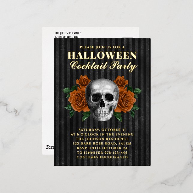 Carte Postale D'invitation À Feuilles D'aluminium Crâne Orange Rose Halloween Cocktail Party Gold (Recto/Verso)