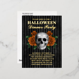 Carte Postale D'invitation À Feuilles D'aluminium Crâne Orange Rose Halloween Diner Party Gold