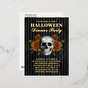 Carte Postale D'invitation À Feuilles D'aluminium Crânes Roses Orange Halloween Soirée Or
