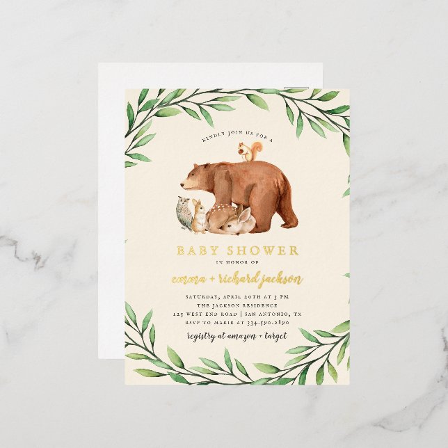 Carte Postale D'invitation À Feuilles D'aluminium Crème Bois Végétation Forêt Animaux Baby shower (Recto/Verso)