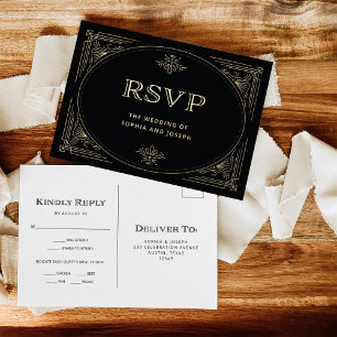 Carte Postale D'invitation À Feuilles D'aluminium Déco moderne   Elegant Noir et Or Mariage RSVP