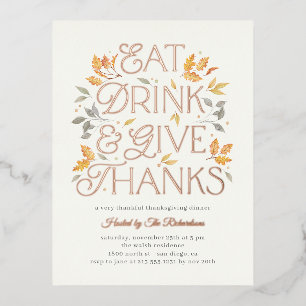 Carte Postale D'invitation À Feuilles D'aluminium Dégustez Un Verre Merci Thanksgiving Diner Party