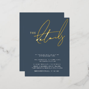 Carte Postale D'invitation À Feuilles D'aluminium Détails de mariage élégants ardoise bleu or feuill