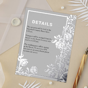 Carte Postale D'invitation À Feuilles D'aluminium Détails du Mariage d'élégance florale en argent mé