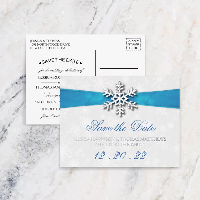 Carte Postale D'invitation À Feuilles D'aluminium Diamante Snowflake & Blue Ribbon Mariage d'hiver (Créateur téléchargé)