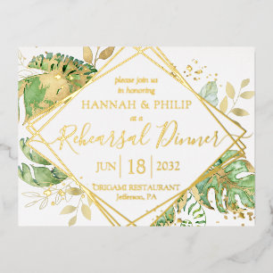 Carte Postale D'invitation À Feuilles D'aluminium Dîner de Répétition Tropical Moderne Or
