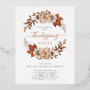 Carte Postale D'invitation À Feuilles D'aluminium Dîner de Thanksgiving Fleurs de l'automne Rustique