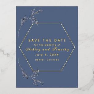 Carte Postale D'invitation À Feuilles D'aluminium Dusty Blue avec Gold Foil Enregistrer la date Cart