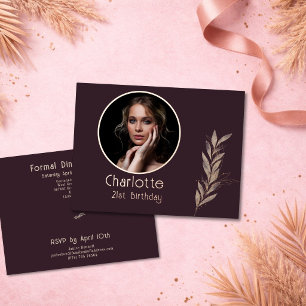Carte Postale D'invitation À Feuilles D'aluminium Eau-forte prune Rose Gold Leaf Photo 21e Anniversa