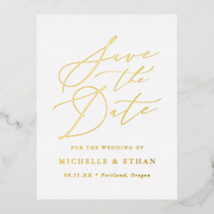 Carte Postale D'invitation À Feuilles D'aluminium Écriture calligraphique minimaliste Save the Date