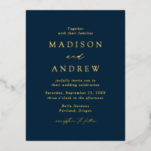 Carte Postale D'invitation À Feuilles D'aluminium Élégance Moderne Mariage Nuit et Or