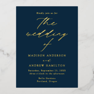 Carte Postale D'invitation À Feuilles D'aluminium Élégance Moderne Mariage Nuit et Or