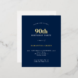 Carte Postale D'invitation À Feuilles D'aluminium Elégant 90e anniversaire de la fête Marine Bleu