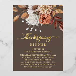Carte Postale D'invitation À Feuilles D'aluminium Élégant automne Feuilles floraux Thanksgiving Gold