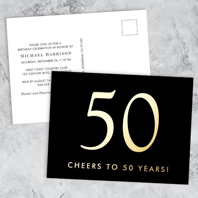 Carte Postale D'invitation À Feuilles D'aluminium Elegant Black 50th Birthday Party Gold (Créateur téléchargé)