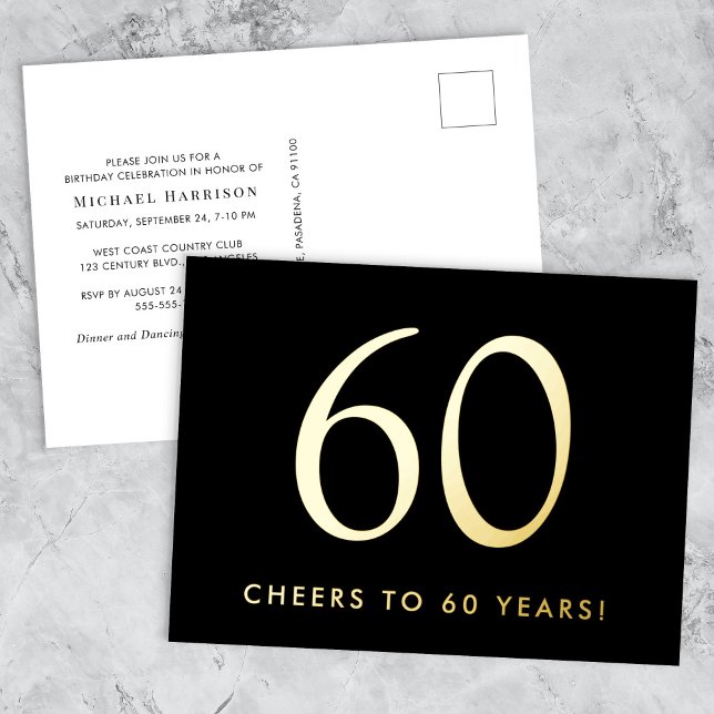 Carte Postale D'invitation À Feuilles D'aluminium Elegant Black 60th Birthday Party Gold (Créateur téléchargé)
