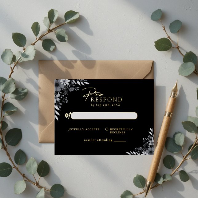 Carte Postale D'invitation À Feuilles D'aluminium Elegant Black Minimalist Floral Wedding RSVP (Elegant Black Minimalist Floral Wedding RSVP Foil Invitation Postcard)