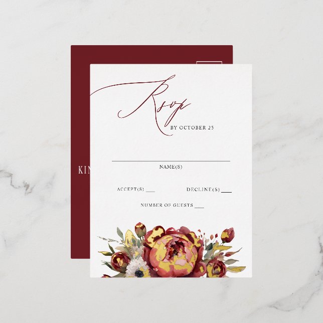 Carte Postale D'invitation À Feuilles D'aluminium Elégant Boho Bourgogne Blush Floral RSVP (Recto/Verso)