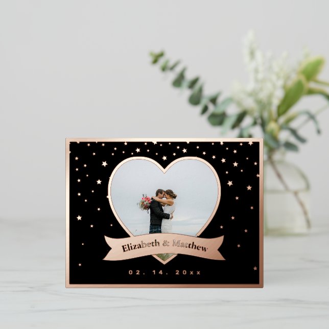 Carte Postale D'invitation À Feuilles D'aluminium Élégant Chic Moderne Photo Mariage Économisez La D (Debout devant)