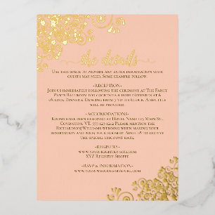 Carte Postale D'invitation À Feuilles D'aluminium Elegant Coral Peach Gold Foil Mariage Détails Cart