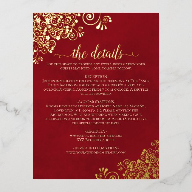 Carte Postale D'invitation À Feuilles D'aluminium Elegant Crimson Red Gold Foil Mariage Détails Cart (Recto)