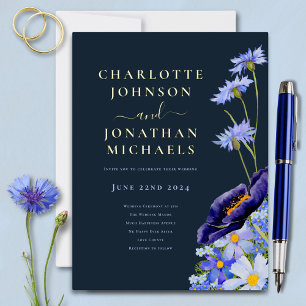 Carte Postale D'invitation À Feuilles D'aluminium Élégant floral bleu marine et or