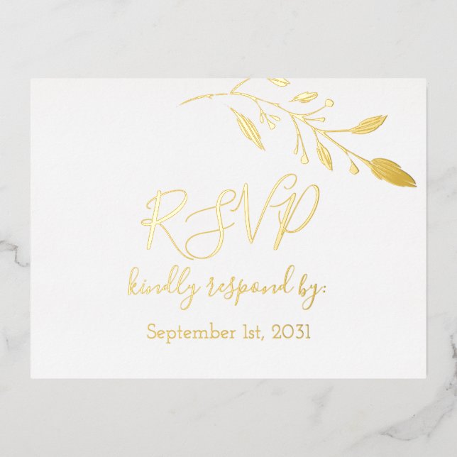 Carte Postale D'invitation À Feuilles D'aluminium Elégant Floral Botaniqe Gold Foil Mariage RSVP (Recto)