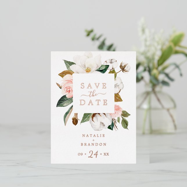 Carte Postale D'invitation À Feuilles D'aluminium Élégant Magnolia | Rose Gold Foil Enregistrer la d (Debout devant)