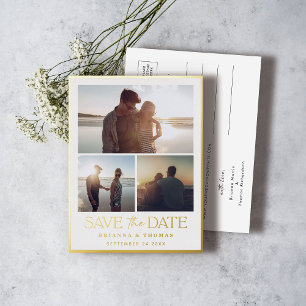 Carte Postale D'invitation À Feuilles D'aluminium Elégant mariage photo Enregistrer la date Or