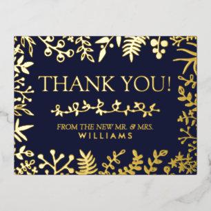 Carte Postale D'invitation À Feuilles D'aluminium Elégant Marine bleu Mariage Floral Merci Real