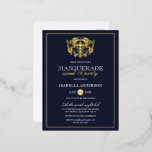 Carte Postale D'invitation À Feuilles D'aluminium Elégant Marine Bleu & Or Masquerade Sweet 16 Party<br><div class="desc">Elégant Marine Blue & Gold Masquerade Sweet 16 Party Foil Postcard Invitations. Doté d'un masque en feuille d'or en haut contre un arrière - plan bleu marine. Parfait pour une fête de 16 ans moderne et classe !</div>