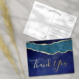 Carte Postale D'invitation À Feuilles D'aluminium Elégant Marine Blue Agate Mariage Merci réel