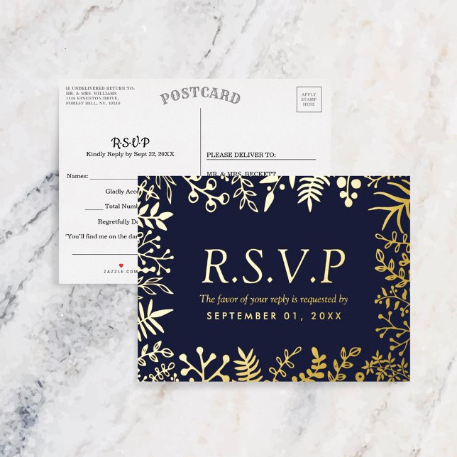 Carte Postale D'invitation À Feuilles D'aluminium Elégant Marine Blue Floral Wedding RSVP Real (Créateur téléchargé)